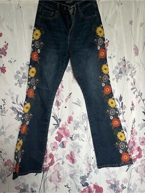 Ashley Mason Dark Blue Flare Jeans with Floral Side Embroidery